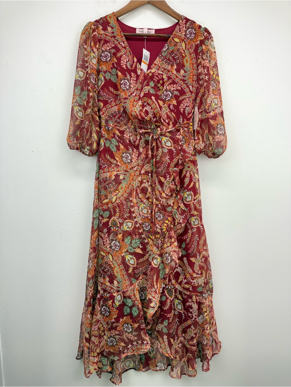NWT Harlow & Rose size Petite Small Women’s Maroon Floral Faux Wrap Midi Dress